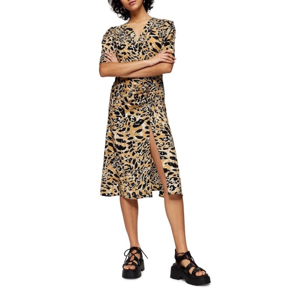NWT Topshop Leopard Print Mock Wrap Midi Dress - Picture 4 of 8